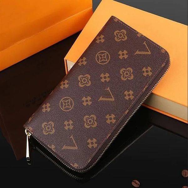 5A Cartera de diseñador para hombre, cartera con cremallera para mujer, tarjetero de cuero, monedero con flores marrones, clip para dinero, carteras de mano, billetera rosa para mujer, monederos largos con cremallera con caja original