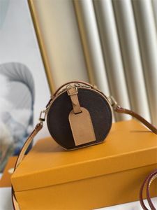 5a Mini Petite Boite Chapeau Sac à bandoulière rond avec bracelet en cuir réglable Original Cowhidw Trim Canvas Messenger Clutch Pouch