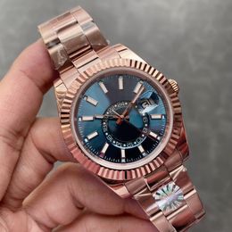 5A Oro rosa para hombre Movimiento automático Reloj de pulsera Esfera azul Calendario de zafiro Reloj de 42 mm Relojes de pulsera de acero inoxidable Montre de Luxe Sky Orologio Dweller 2023