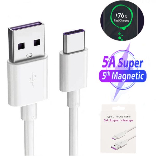 Câbles 5A Type C pour Samsung S20 Huawei P30 P40 Mate 30 Pro Type-C Super Charge Supercharge Câble avec emballage