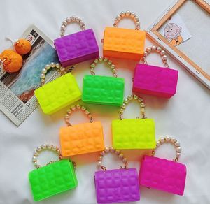 Kids Jelly Handtas Meisjes Parel Ketting Vierkante Tassen Kinderen Silicone Messenger Princess Bag