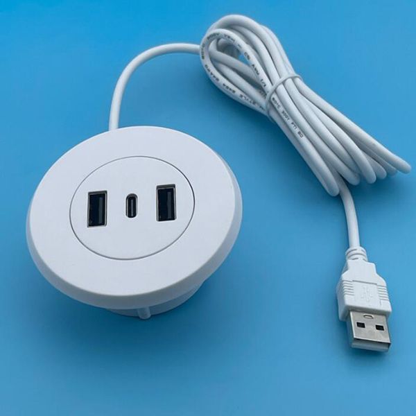 Agujero de ojal de 5 cm Montaje en el escritorio 2 puertos USB + 1 puerto Tipo-C 2.0 Hub para computadora portátil PC Cable de carga Cable de línea 100 piezas