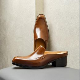 5cm de salto alto dos homens couro meia sapatos chinelo luxo qualidade couro genuíno verão novo designer sandálias negócios homem