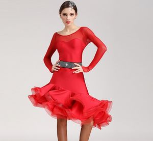 Gratis verzending 5 Color Red Black Adult Latin Dance Dress Salsa Tango Cha Cha Ballroom Competition Practice Fishbone Dance Dress met lange mouwen