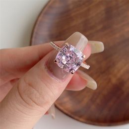 5Ct Luxe S925 Sterling Zilveren Designer Ringen voor Vrouw 10x10mm Roze Whie Vierkant 5A Zirkonia Voorstel Bruid Verloving Liefde Diamant Trouwring Sieraden Geschenkdoos