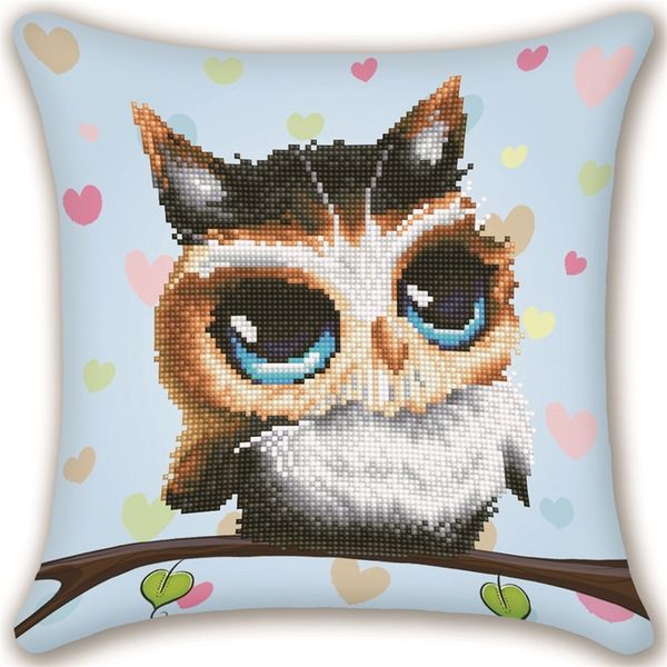 5D mignon hibou diamant peinture housse de coussin remplacement jeter taie d'oreiller ronde partielle perceuse bricolage Art mosaïque point de croix main 201202