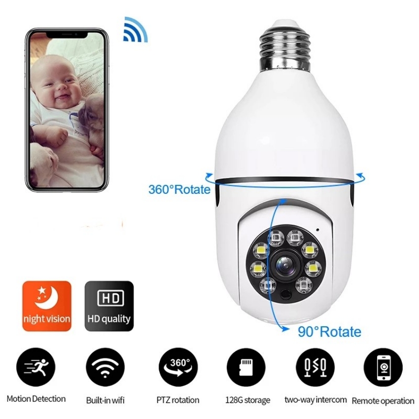 1080P HD WiFi Security Camera 360° Panoramic IR IP E27 Light Bulb Cameras Night Vision Full Color Automatic Human Tracking 4X Digital Zoom Video Security Monitor Cam