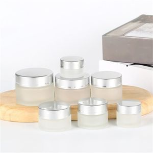 5g 10g 15g 20g 30g 50g Frosted Glazen Flessen Cosmetische Pot Lege Gezichtscrème opslag Container Hervulbare Sample Fles met Zilveren Deksels