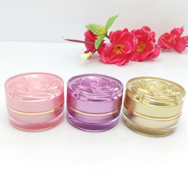 Pot de crème acrylique 5g, couvercle de fleur de Rose, récipient d'emballage de poudre d'ongle d'échantillon cosmétique, couleur or Rose violet