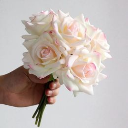Bouquet de roses à bord bouclé à 5 têtes, Bouquet hydratant au toucher réel, fleurs artificielles de mariage, décor de fête à domicile, événement, 240127