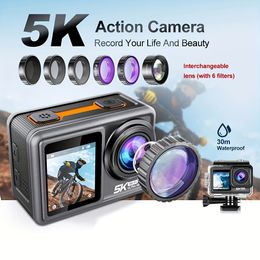 Caméra de sport étanche 5K, double écran 2,0 + 1,4 pouces avec tactile, WIFI, anti-secousse EIS, 6 filtres détachables, batterie 1350 mAh, carte mémoire 32 Go
