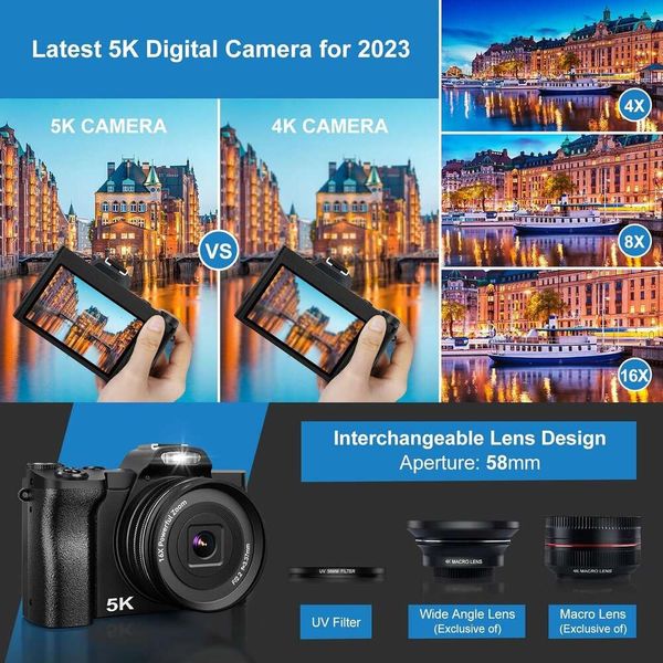 Caméra de Vlogging WiFi 5K avec carte SD 32G, appareil photo compact Autofocus 48MP, stabilisation à 6 axes, filtre UV, Zoom numérique 16x - Perfect Travel Companion