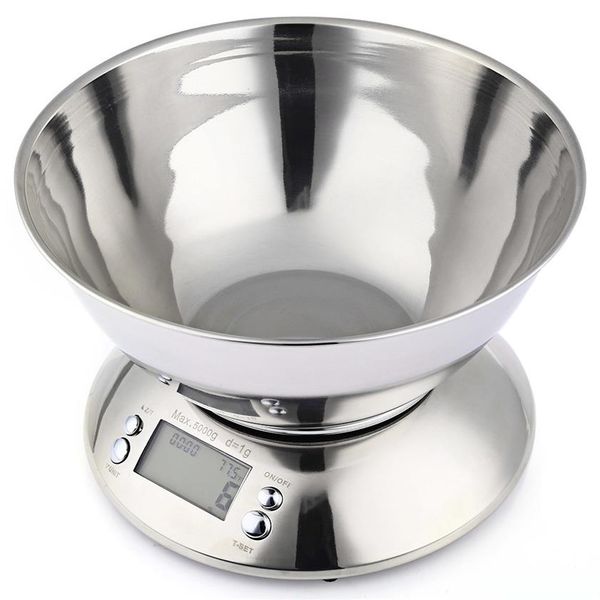 5kg 1g Balance alimentaire de cuisine en acier inoxydable LCD Balances de poids de cuisine électroniques numériques avec capteur de température de minuterie d'alarme de bol Y2253b