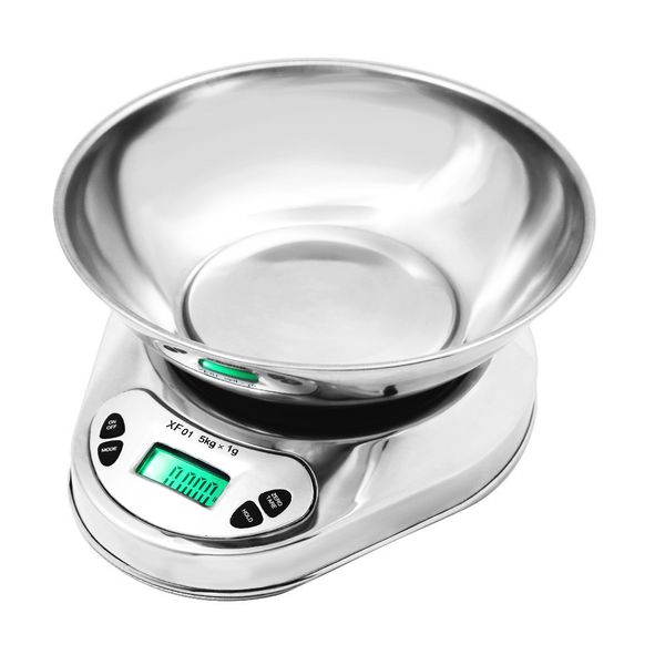 5kg / 1g Balance de cuisine numérique en acier inoxydable Balance alimentaire Capteur de poids LCD Balances de cuisine électroniques Alarme Minuterie Poids avec bol Y200328