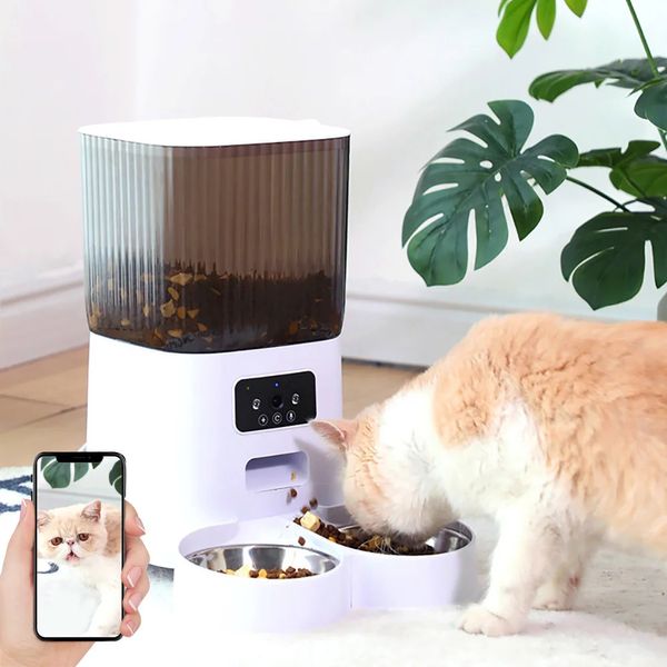 5L Tazones dobles Alimentador automático inteligente para gatos con cámara Dispensador de video de comida seca para gatos Grabadora de voz inteligente para mascotas Alimentador automático para perros 240328