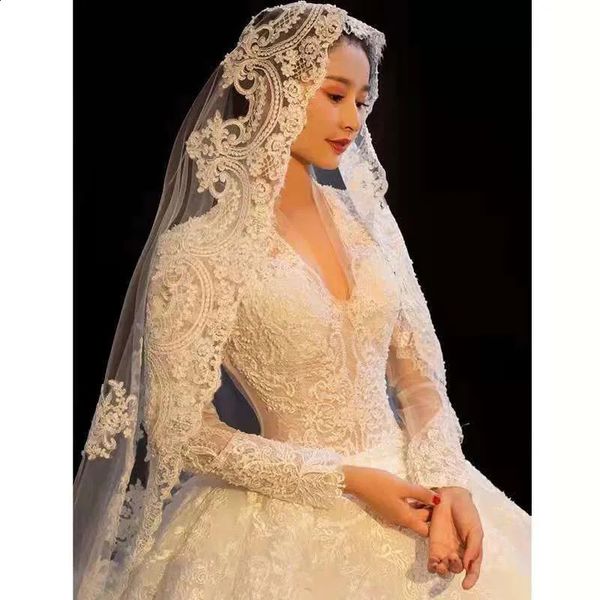 5m 4m de long mariage voiles de mariée dentelle appliqués bord 1 T tulle cathédrale voile avec peigne ivoire blanc velours de mariée voile mariée 240123