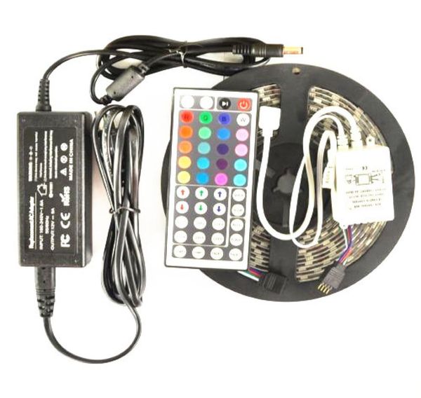 Bande lumineuse LED RGB 5050 SMD 5M, Flexible et étanche, multicolore, 16 pieds, avec télécommande IR 44 touches, avec adaptateur secteur, ensemble complet6430765