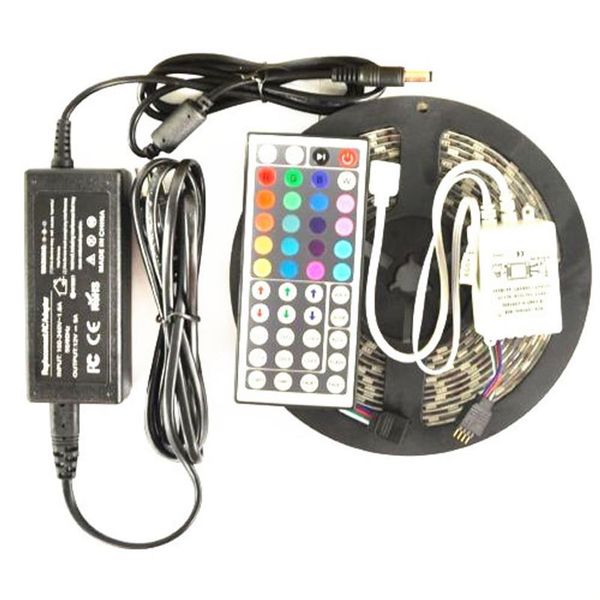 Bande lumineuse LED RGB 5050 SMD 5M, Flexible et étanche, multicolore, 16 pieds, avec télécommande IR 44 touches, avec adaptateur secteur, Set244T complet