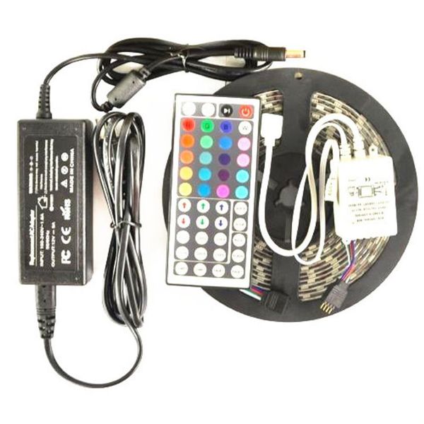 Bande lumineuse LED RGB 5050 SMD 5M, Flexible et étanche, multicolore, 16 pieds, avec télécommande IR 44 touches, avec adaptateur secteur, ensemble complet 303v