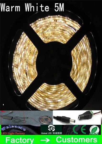 Bande lumineuse LED blanc chaud 5M, 5050 SMD, étanche, Flexible, blanc, rouge, bleu, jaune, 300, avec connecteur d'alimentation, prise 5A