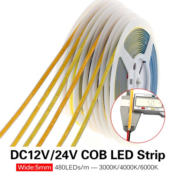 5mDC12V 24V 480 LED s COB LED bande Flexible Super luminosité LED lumières blanc chaud/blancs naturels bande