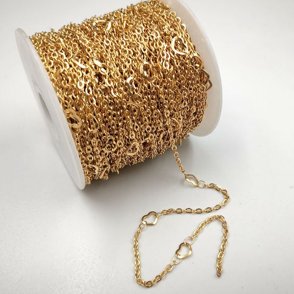 Lot de 5 mètres de chaîne de câble soudée en acier inoxydable avec lien de coeur plat en vrac Résultats de bijoux à bricoler soi-même faisant des accessoires minces 2mm doré