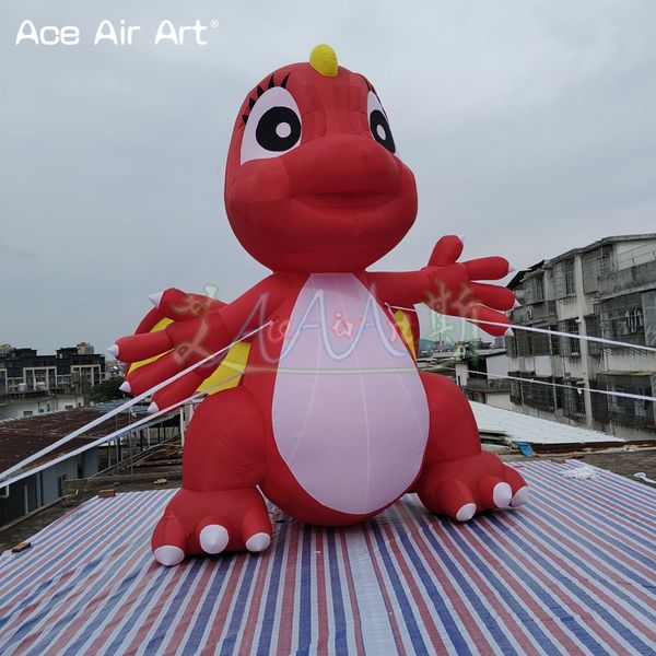 Mascota de dibujos animados de dinosaurio inflable rojo de 5 mh con luces LED para exhibición/publicidad de eventos para fiestas al aire libre