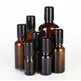 Bouteilles en verre ambré de 5 ml/10 ml/15 ml/20 ml/30 ml/50 ml/100 ml avec couvercle noir en verre/rouleau en acier inoxydable, bouteilles de parfum à huile essentielle à rouler Deod Scci