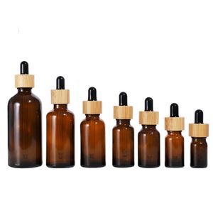 5 ml 10 ml 15 ml 20 ml 30 ml 50 ml 100 ml Amber Glass Cosmetische Essentiële oliedruppel flessen met echte bamboe dop en oogdruppers op voorraad