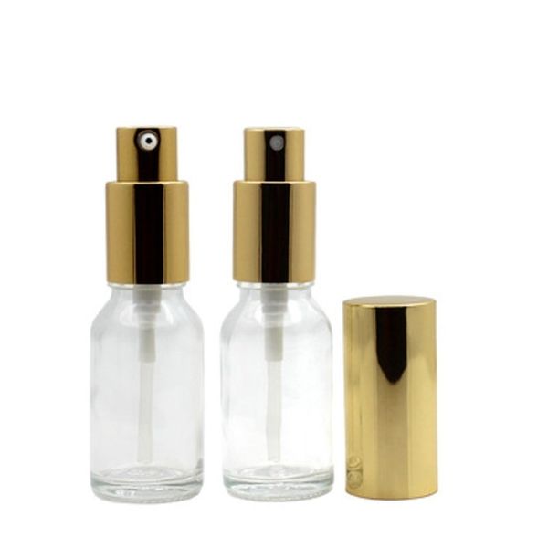 5ml 10ml 15ml 20ml 30ml 50ml 100ml botella de bomba de loción en aerosol de Perfume de vidrio transparente atomizador dorado embalaje cosmético 15 unids/lote