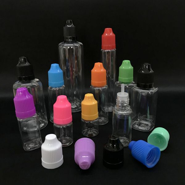 Bouteilles de jus en PET de 5 ml, 10 ml, 15 ml, 20 ml, 30 ml, 50 ml, avec bouchon à l'épreuve des enfants, bouteilles de liquide électronique, pointe longue et fine, flacons compte-gouttes pour liquide électronique