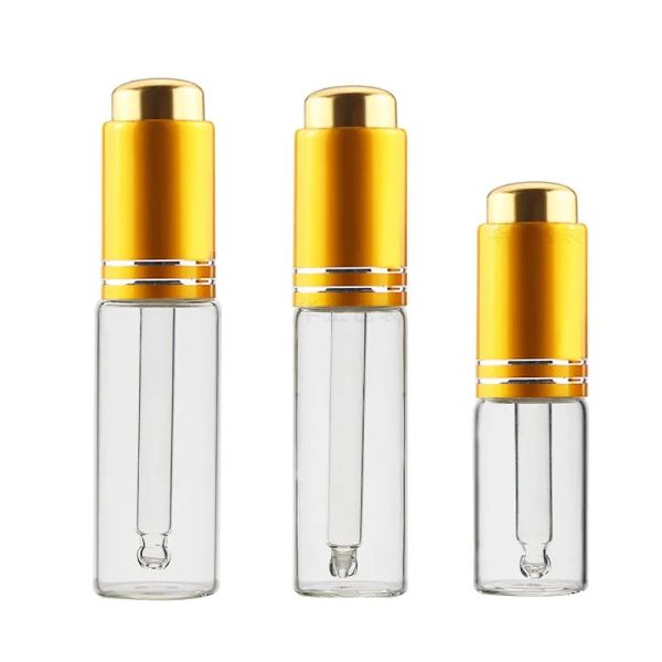 5ml 10ml 15ml 20ml Botella de pipeta de prensa Tapa de plata dorada Vidrio transparente vacío Frascos cuentagotas de aceite esencial Envase recargable cosmético de calidad superior