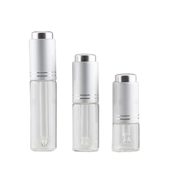 5ml 10ml 15ml 20ml Botella de pipeta de prensa Tapa de plata dorada Vidrio transparente vacío Frascos cuentagotas de aceite esencial Envase recargable cosmético al por mayor