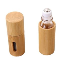 5 ml 10 ml de bambou naturel complet huile essentielle Roller-ball bouteille fenêtre sculptée verre transparent rouleau sur bouteilles de parfum rouleaux en acier inoxydable Fgfe