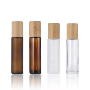 Botella enrollable de vidrio con tapa de bambú para aceites esenciales Botellas de muestra de perfume transparentes recargables ecológicas con bola de rodillo de acero inoxidable