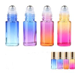 5 ml 200 stks / partij Gradiënt Kleur Roll op Flessen Dikke Glas Lege Hervulbare Geur Essentiële Olie Metalen Roller Ball Fles Container SN2908