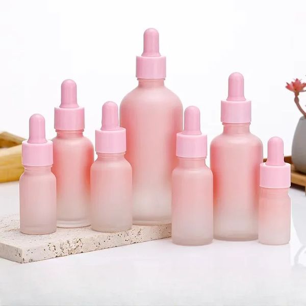 5 ml-50ml botella de vidrio helado rosa con gotero de pipeta, botellas de aceite esencial rosa, botella de embalaje de esencia cosmética