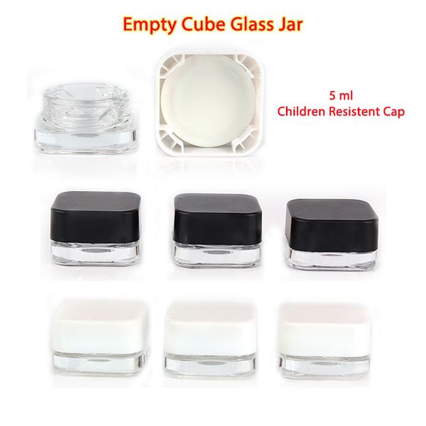 Botella de vidrio de 5ML, frasco transparente resistente a los niños para cera, contenedor de cosméticos concentrado de aceite, tapa blanca o negra
