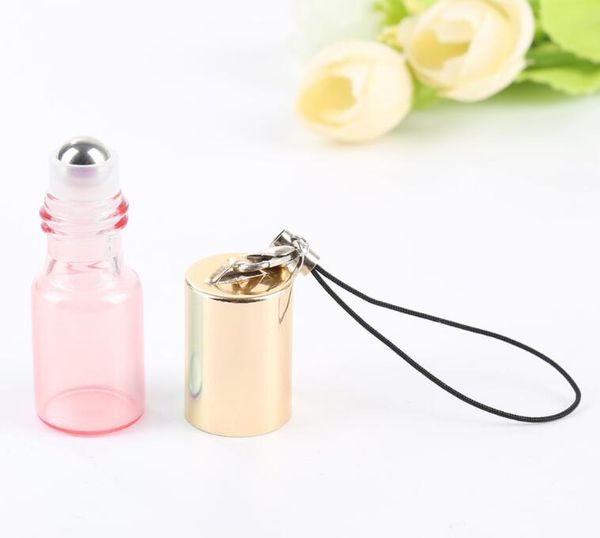 5 ML couvercle en or Pendentif Perle Lustre Rouleau Bouteille Huile Essentielle Vide Parfum Flacons En Verre Porte-clés Avec Bille En Métal