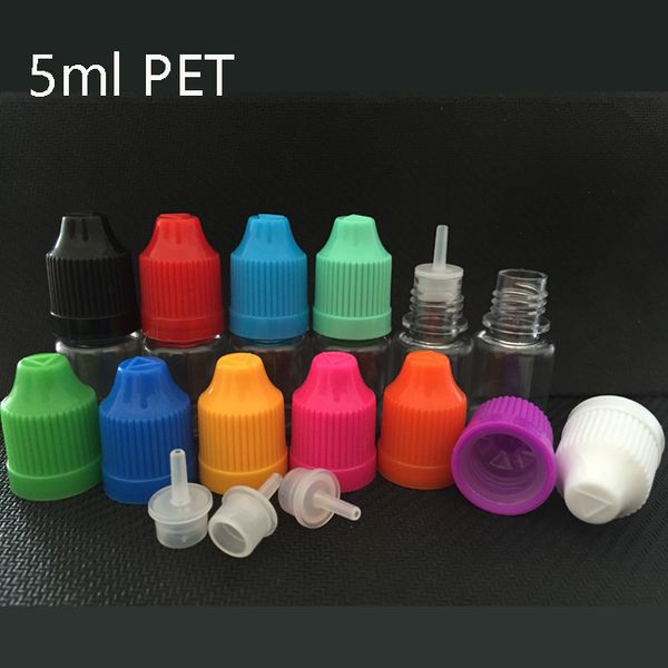 Flacon compte-gouttes en plastique pour jus liquide PET LDPE de 5ml, bouteilles d'huile à aiguille vide, pot de stockage avec capuchon coloré à l'épreuve des enfants