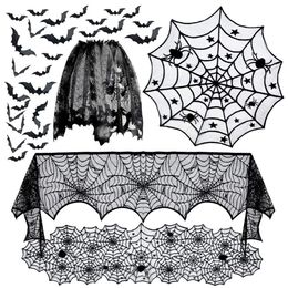 5pack Halloween Party Decoraties Tafelkleed Runner Zwart Kant Ronde Spider Cobweb Tafelklep Open Haard Mantel Sjaals Spiderweb Sjaal Lampenkap