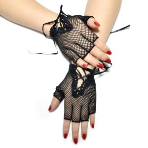 5pair korte halfvinger vis net elastische handschoenen sexy uitgehold gaasband, punk neutrale handschoenen