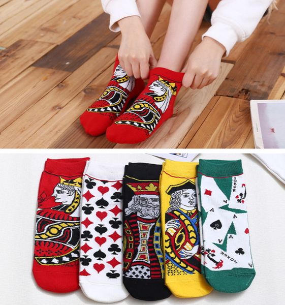 5 paires/lot cartes à jouer hommes et femmes chaussettes coton couleur mode drôle heureux roi et reine Harajuku décontracté classique filles chaussettes courtes