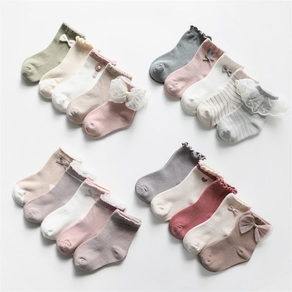 5pairs / pack enfants filles chaussettes arc dentelle chaussettes pour enfants coton décontracté bébé filles chaussettes princesse style automne hiver accessoires 201112