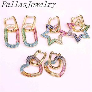 5 pares de pendientes colgantes de corazón ovalados de estrella para mujer Circonia cúbica de arcoíris Micro pavé joyería color dorado 2107232345