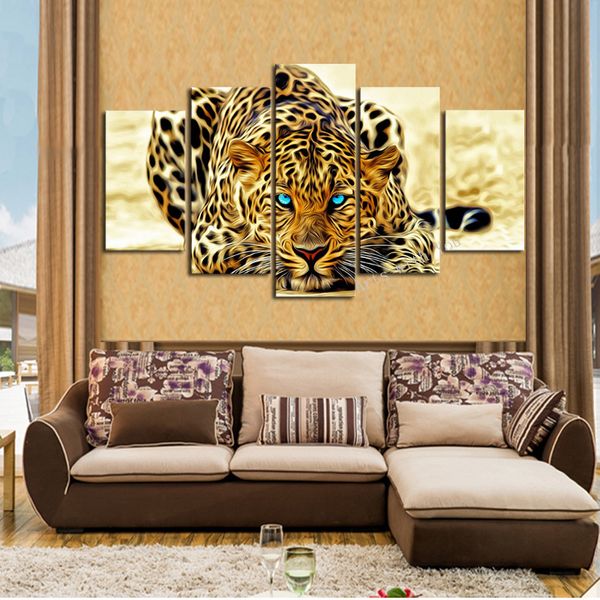 5 panneaux 3D léopard peinture modulaire animaux Pop Art HD impression sur toile affiche moderne mur photo affiche salon décor à la maison