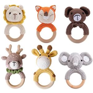 5pc Baby Rattle Speelgoed Cartton Animal Haak Houten Ringen Rammelaar DIY Crafts Toothing Ratel Amigurumi voor Baby Cot Hanging Toy 211029