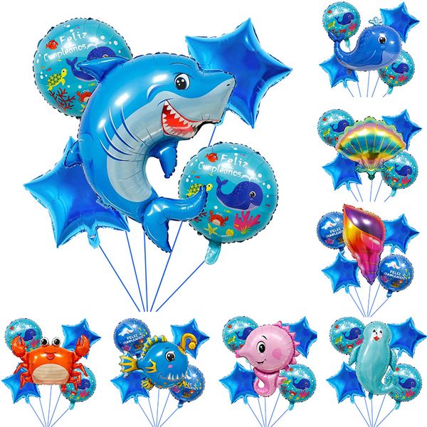 5PC FELIZ CUMPLEANOS Globos de papel de aluminio Español Fiesta de feliz cumpleaños Globo Animales marinos Sello Ballena Tiburón Cangrejo Shell 8 Tipos de animales Grupo para todo