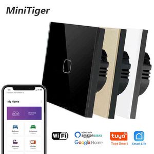 5PC Minitiger 4 couleurs panneau de verre cristal EU / UK Standard 1/2/3 Gang WIFI interrupteur tactile Tuya app contrôle lumière interrupteur mural sans fil W220314