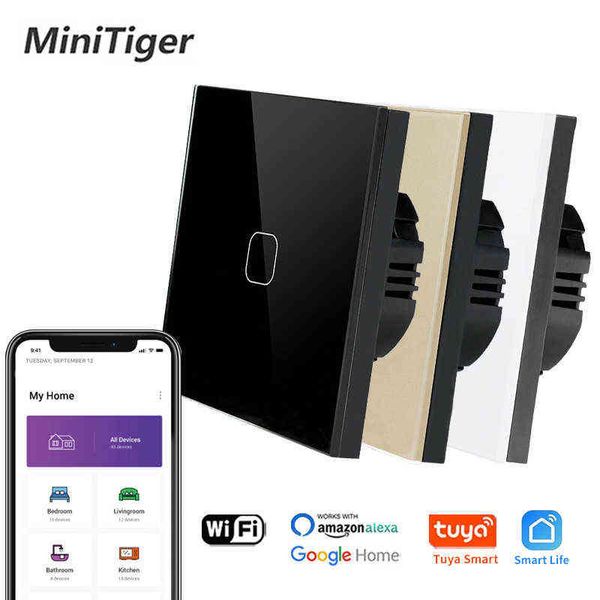 5PC Minitiger 4 couleurs panneau de verre cristal EU / UK Standard 1/2/3 Gang WIFI interrupteur tactile Tuya app contrôle lumière interrupteur mural sans fil W220314